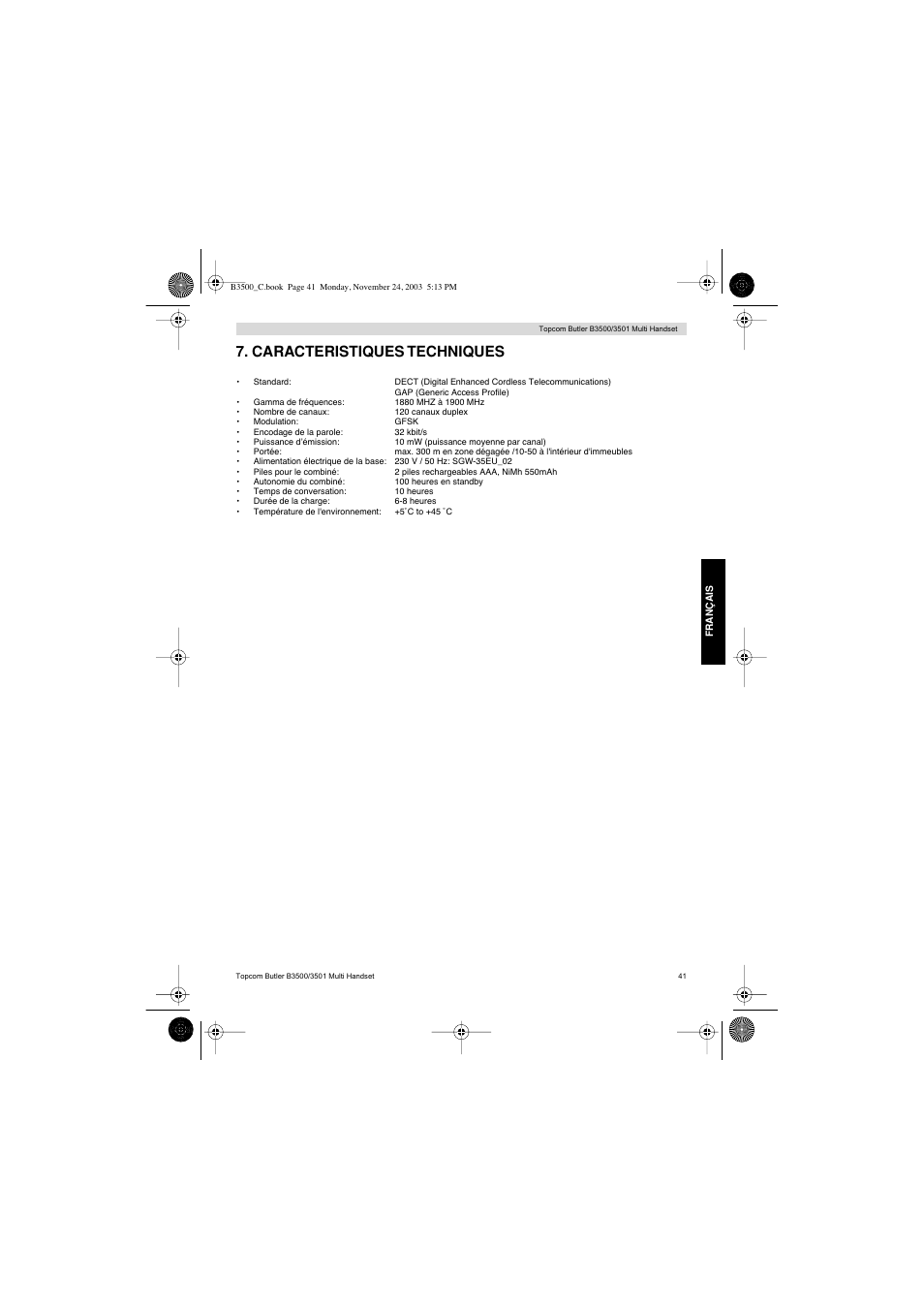 Caracteristiques techniques | Topcom Butler 3501 User Manual | Page 41 / 120