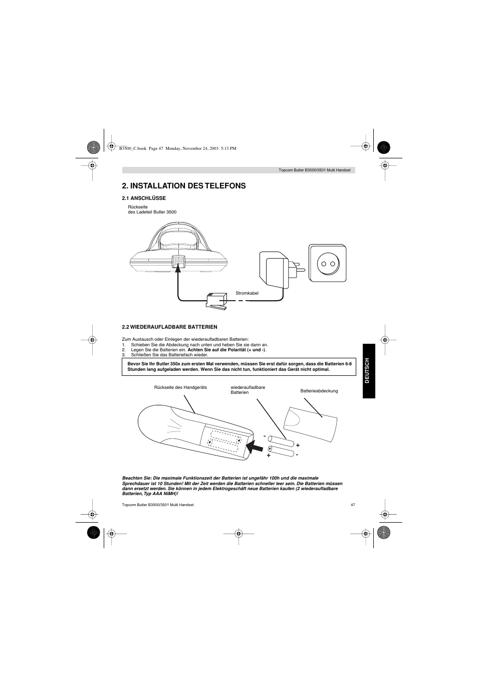 Installation des telefons | Topcom Butler 3501 User Manual | Page 47 / 120