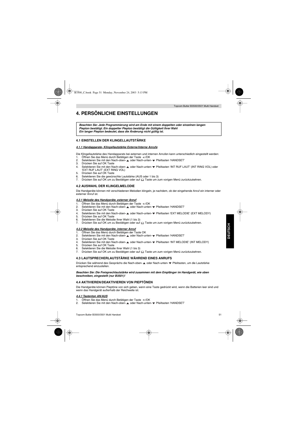 Persönliche einstellungen | Topcom Butler 3501 User Manual | Page 51 / 120