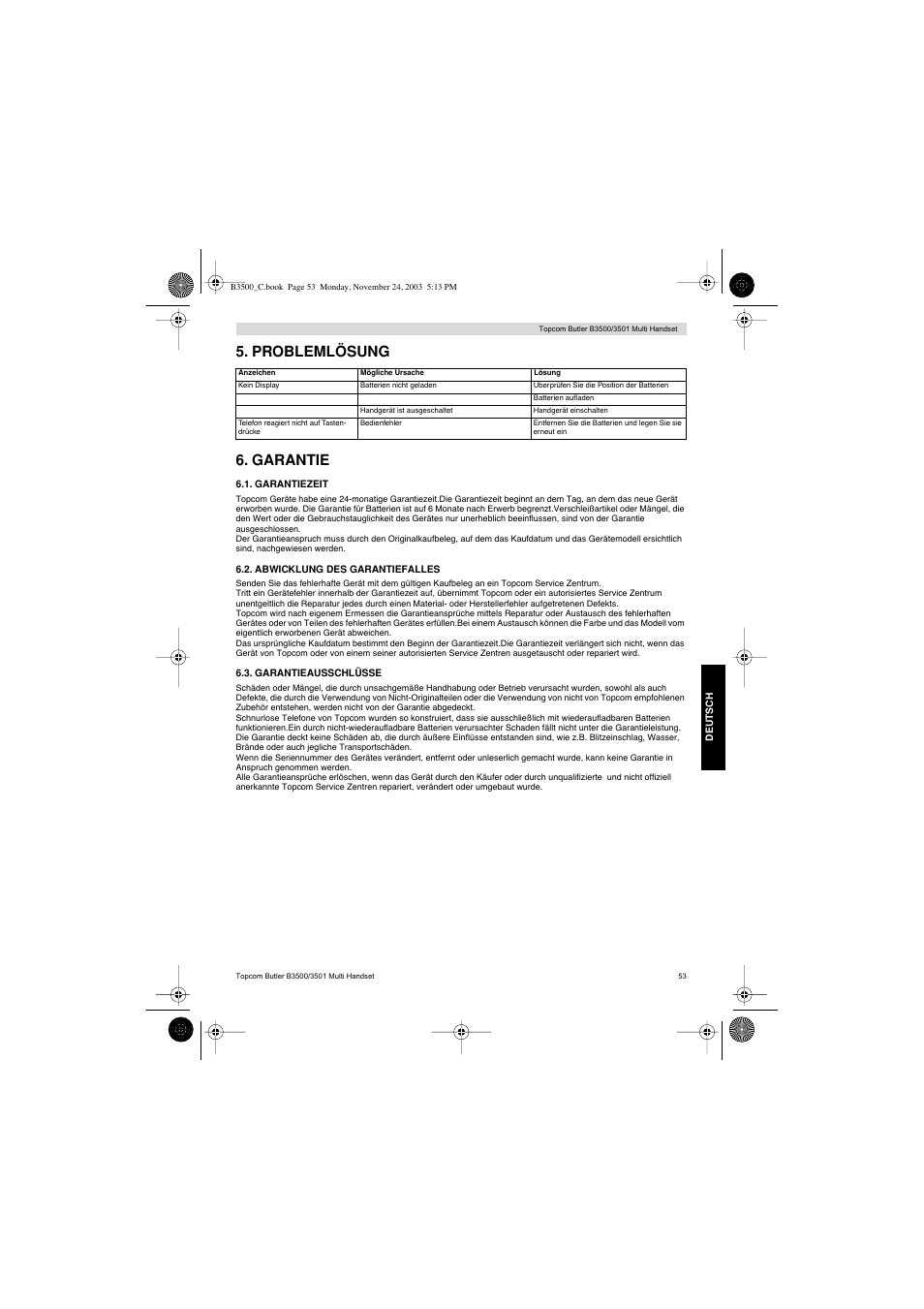 Problemlösung 6. garantie | Topcom Butler 3501 User Manual | Page 53 / 120