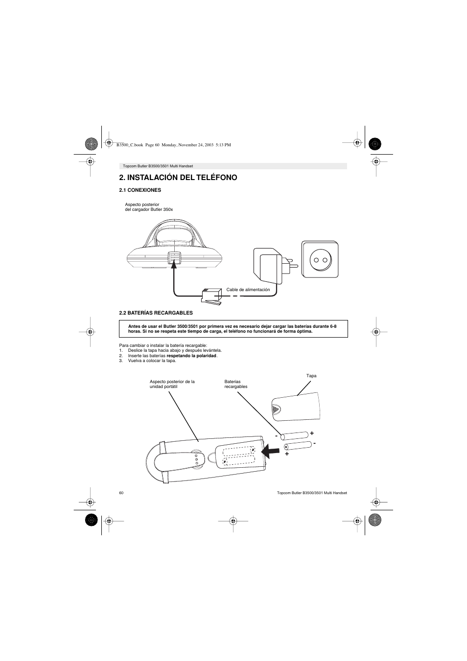 Instalación del teléfono | Topcom Butler 3501 User Manual | Page 60 / 120
