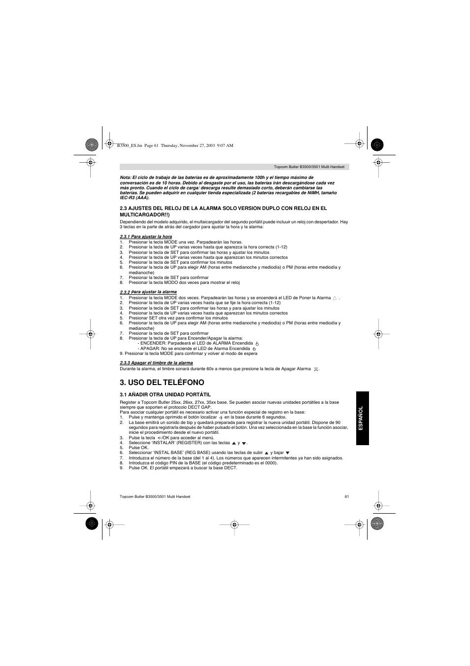 Uso del teléfono | Topcom Butler 3501 User Manual | Page 61 / 120