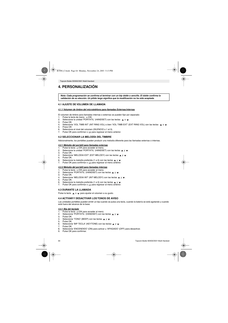 Personalización | Topcom Butler 3501 User Manual | Page 64 / 120