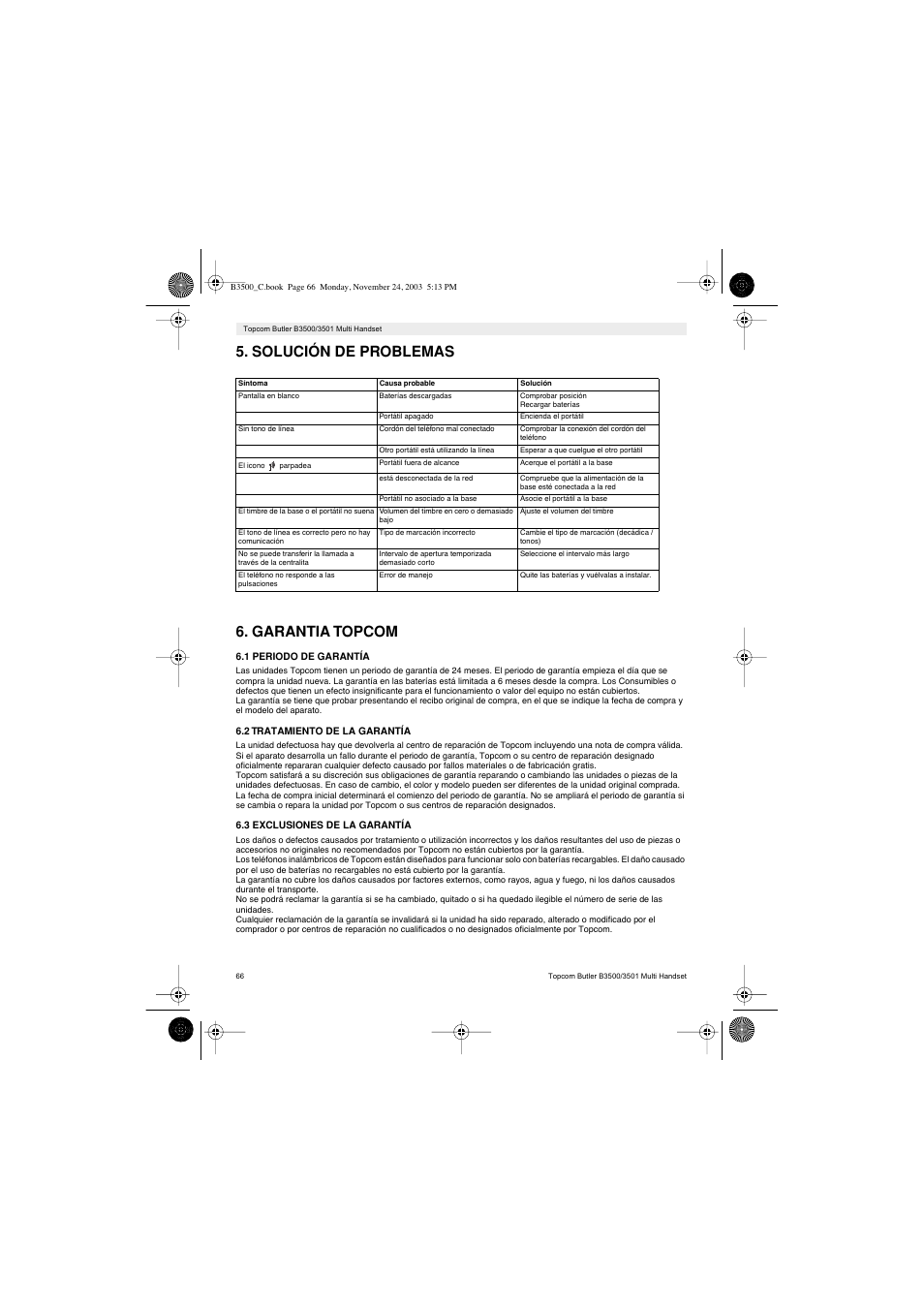 Solución de problemas 6. garantia topcom | Topcom Butler 3501 User Manual | Page 66 / 120