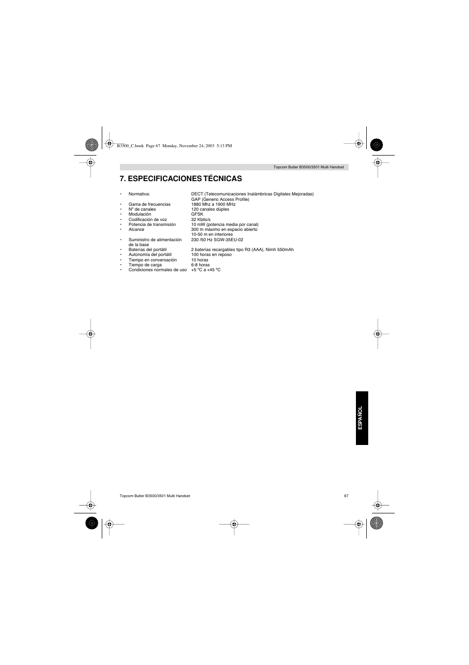 Especificaciones técnicas | Topcom Butler 3501 User Manual | Page 67 / 120