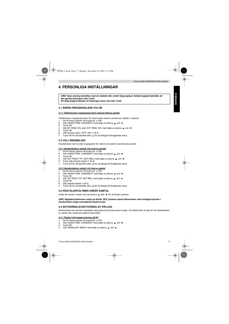 Personliga inställningar | Topcom Butler 3501 User Manual | Page 77 / 120