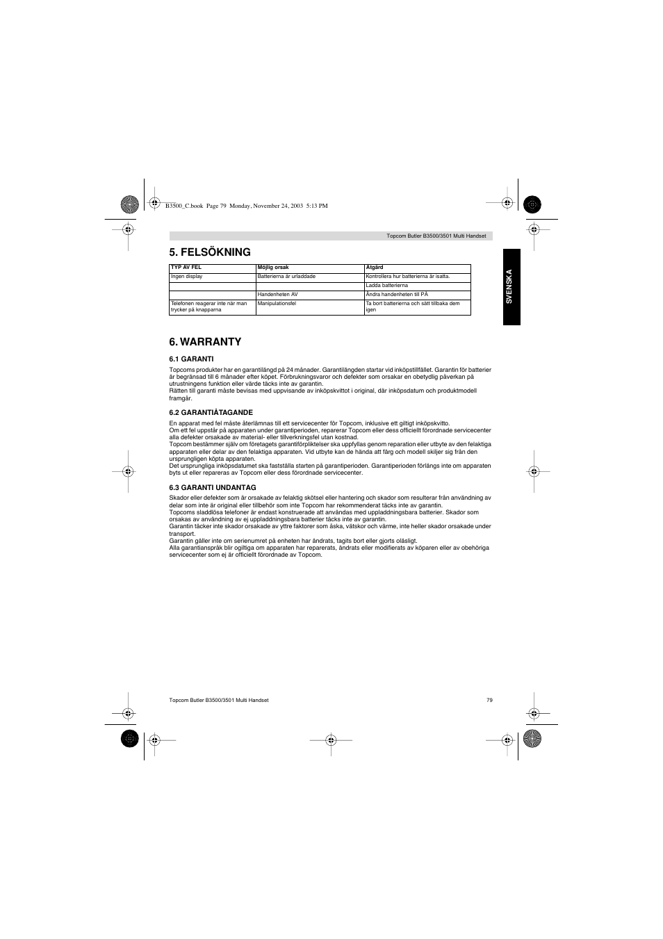 Felsökning 6. warranty | Topcom Butler 3501 User Manual | Page 79 / 120