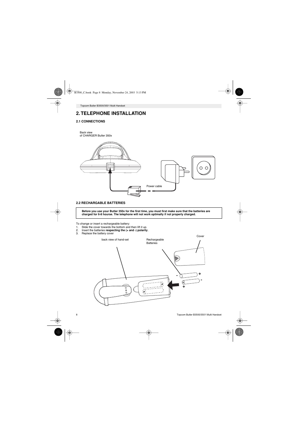 Telephone installation | Topcom Butler 3501 User Manual | Page 8 / 120