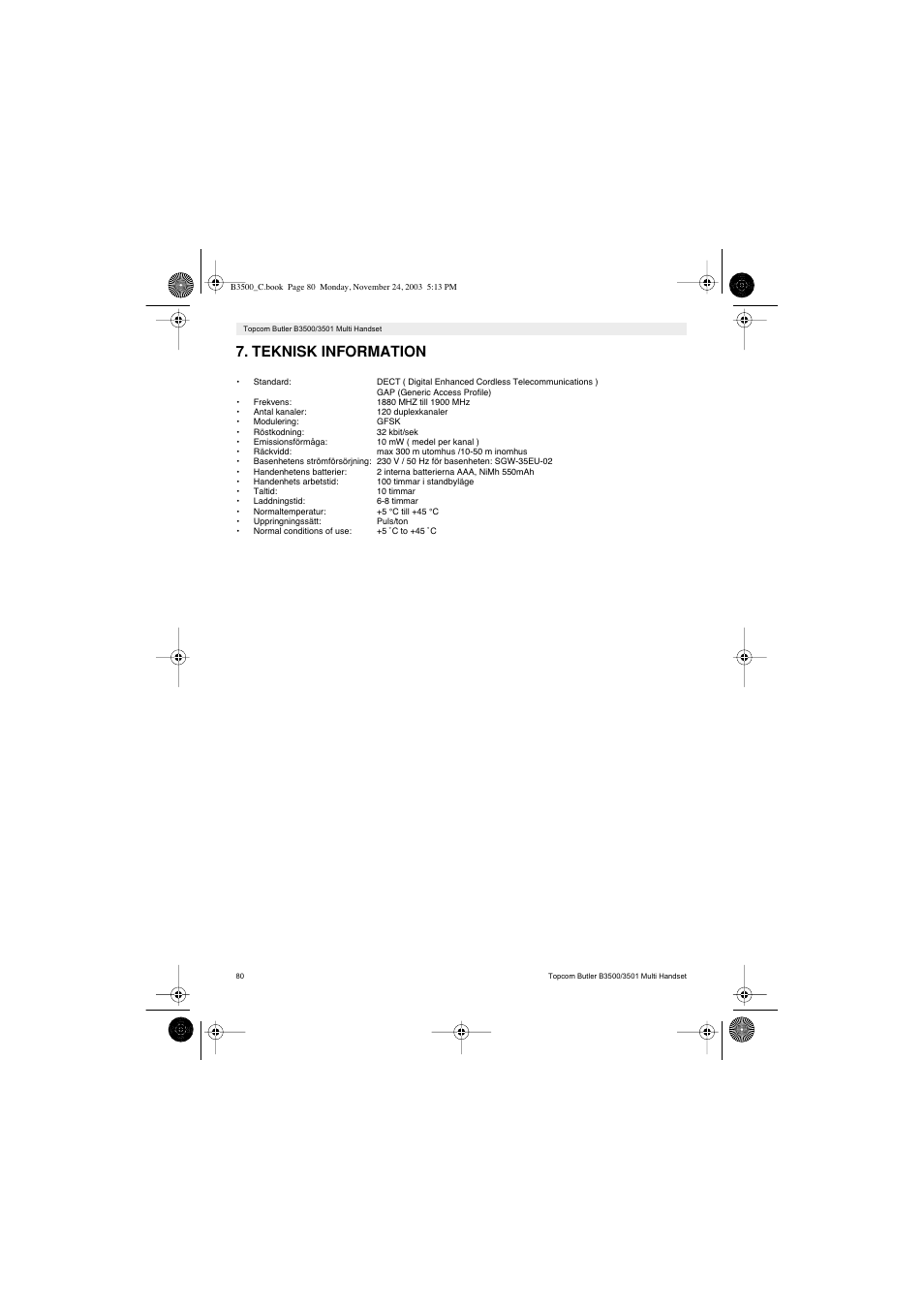 Teknisk information | Topcom Butler 3501 User Manual | Page 80 / 120