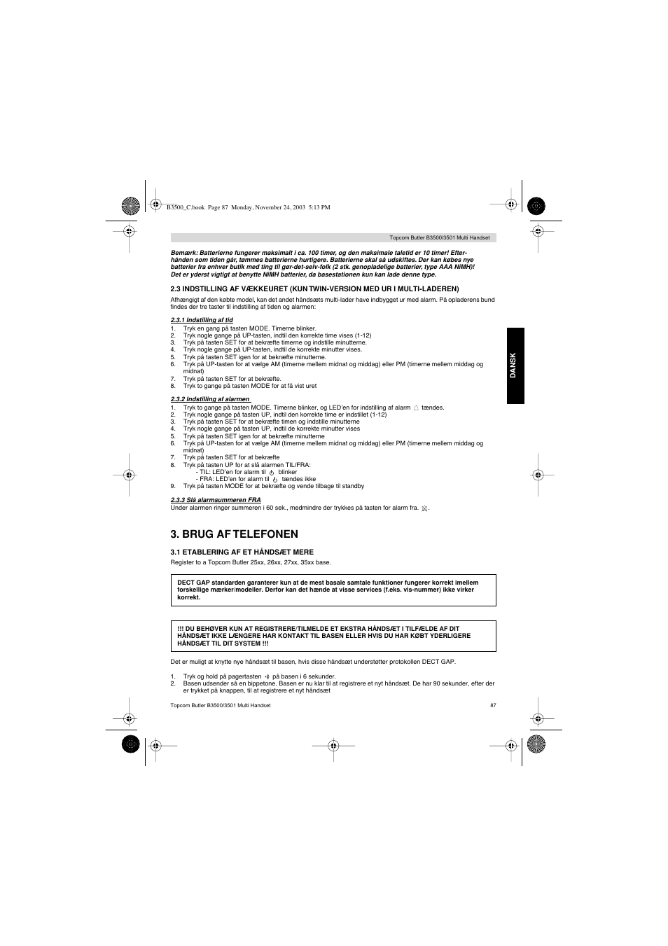 Brug af telefonen | Topcom Butler 3501 User Manual | Page 87 / 120