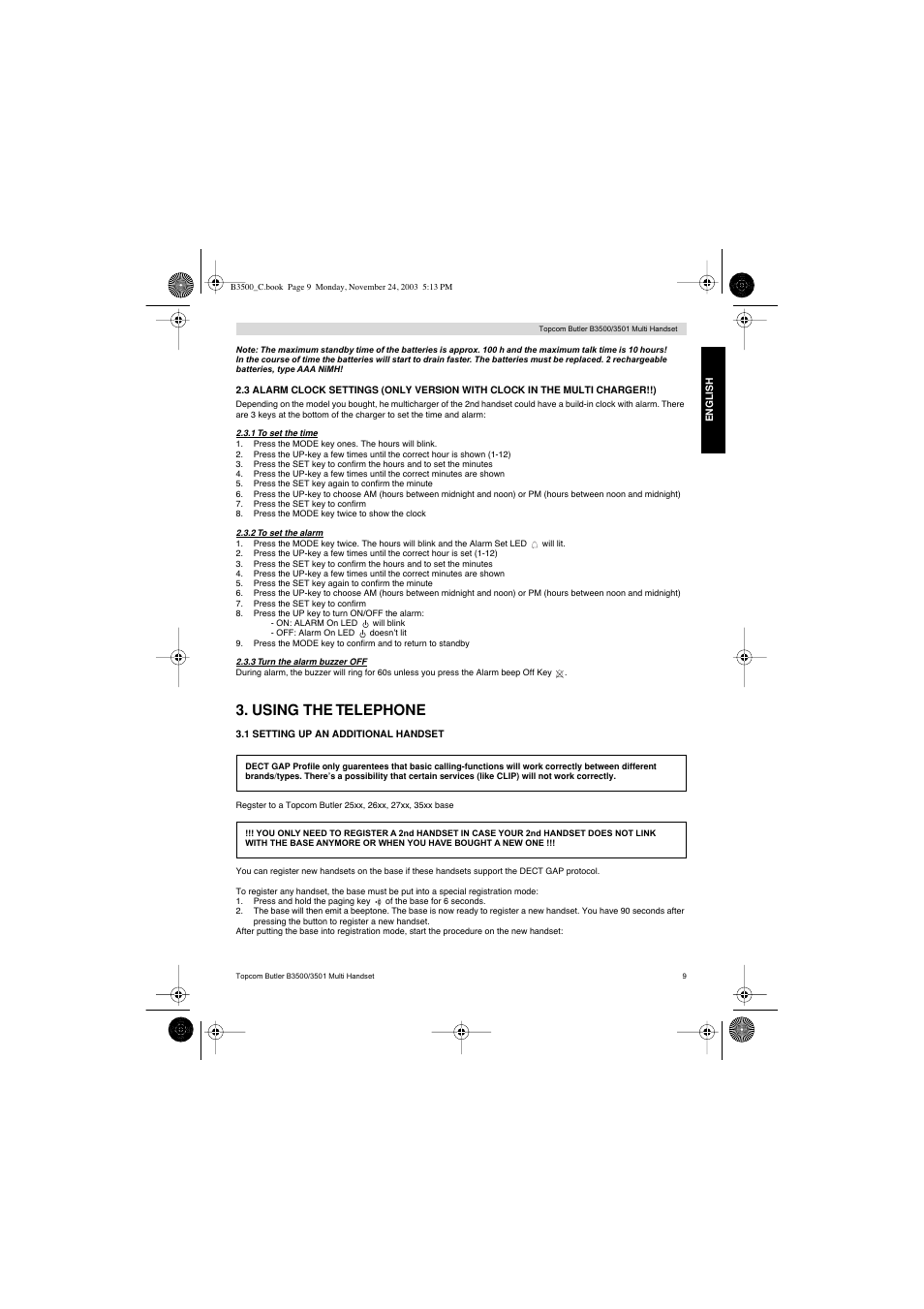 Using the telephone | Topcom Butler 3501 User Manual | Page 9 / 120
