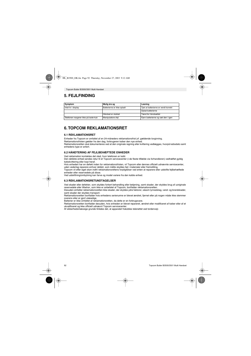 Fejlfinding 6. topcom reklamationsret | Topcom Butler 3501 User Manual | Page 92 / 120