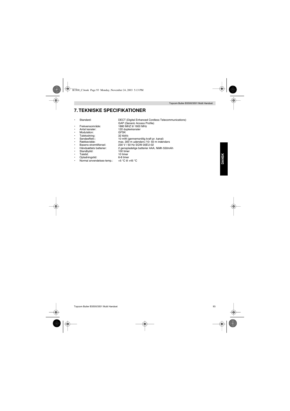 Tekniske specifikationer | Topcom Butler 3501 User Manual | Page 93 / 120