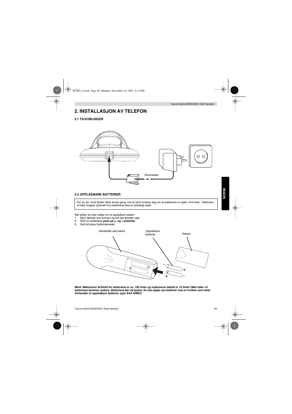 Installasjon av telefon | Topcom Butler 3501 User Manual | Page 99 / 120