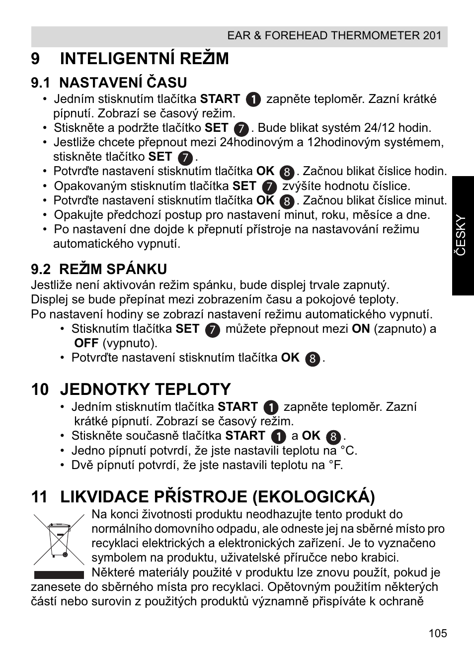 9inteligentní režim, 10 jednotky teploty, 11 likvidace pěístroje (ekologická) | Topcom CE0123 User Manual | Page 105 / 156