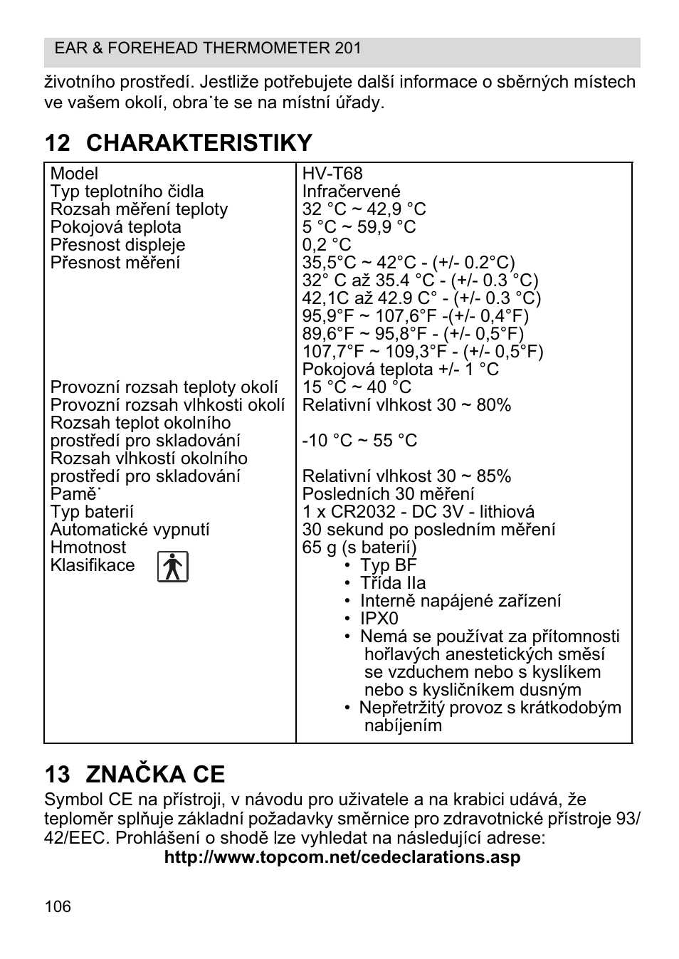 12 charakteristiky 13 znaýka ce | Topcom CE0123 User Manual | Page 106 / 156