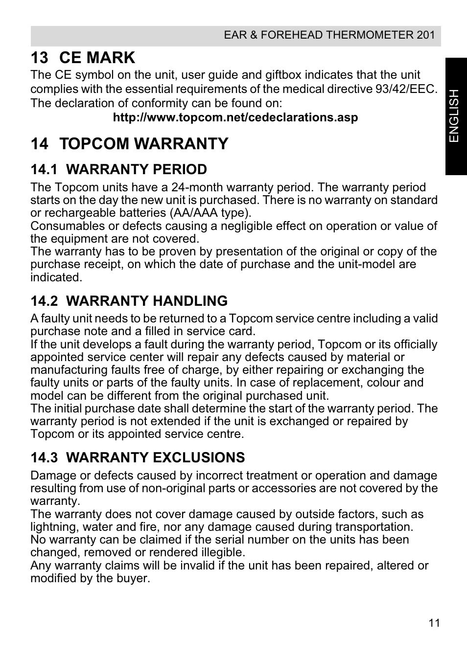 13 ce mark, 14 topcom warranty | Topcom CE0123 User Manual | Page 11 / 156