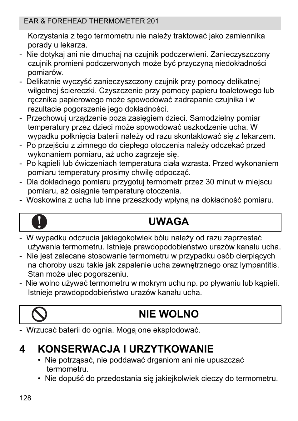 4konserwacja i urzytkowanie, Uwaga nie wolno | Topcom CE0123 User Manual | Page 128 / 156