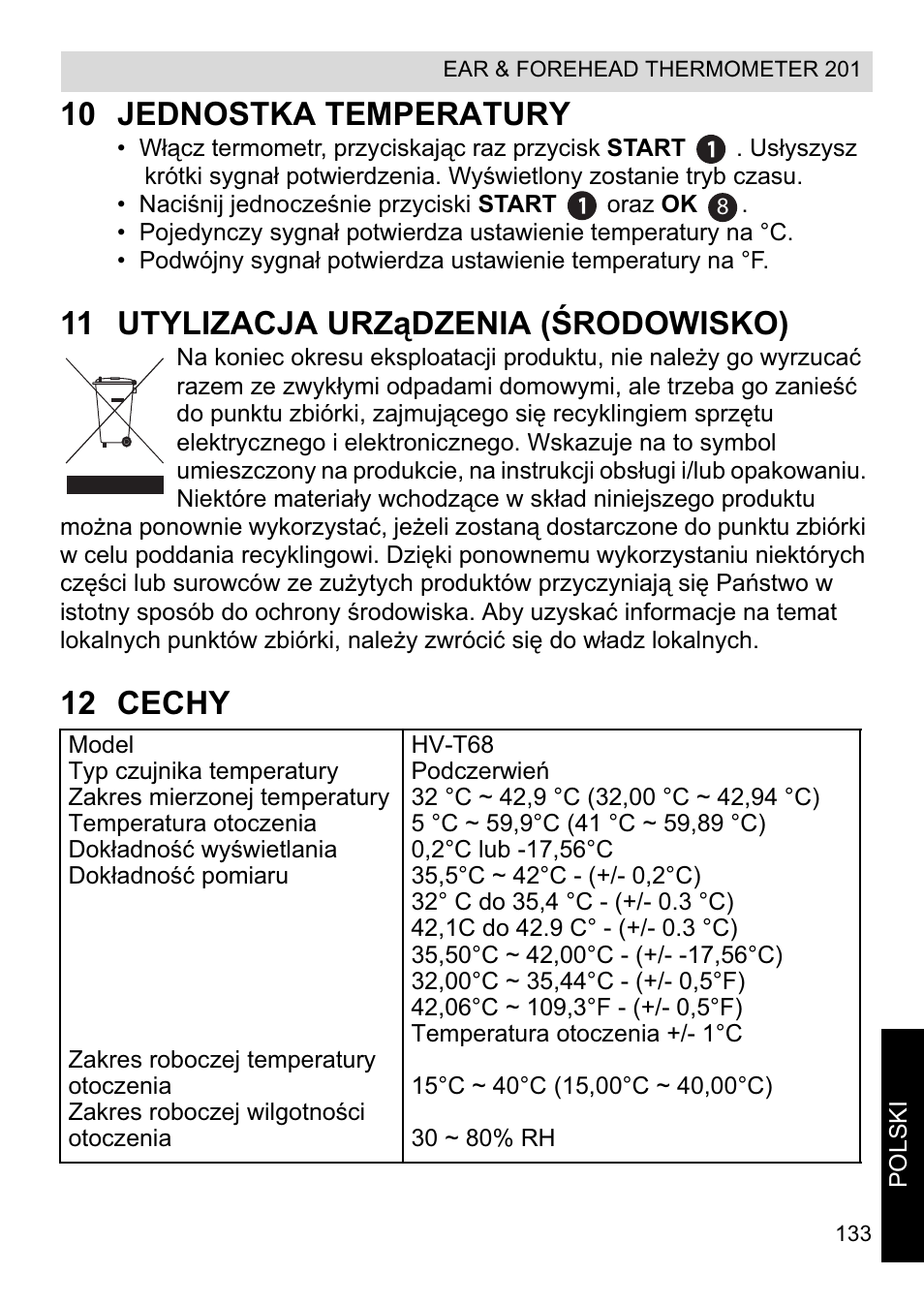 10 jednostka temperatury, 11 utylizacja urządzenia (ĝrodowisko), 12 cechy | Topcom CE0123 User Manual | Page 133 / 156