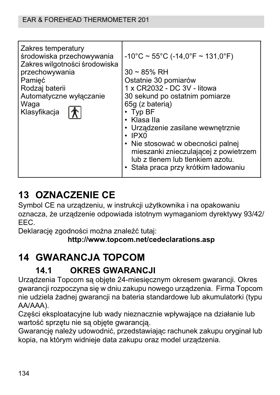 13 oznaczenie ce, 14 gwarancja topcom | Topcom CE0123 User Manual | Page 134 / 156