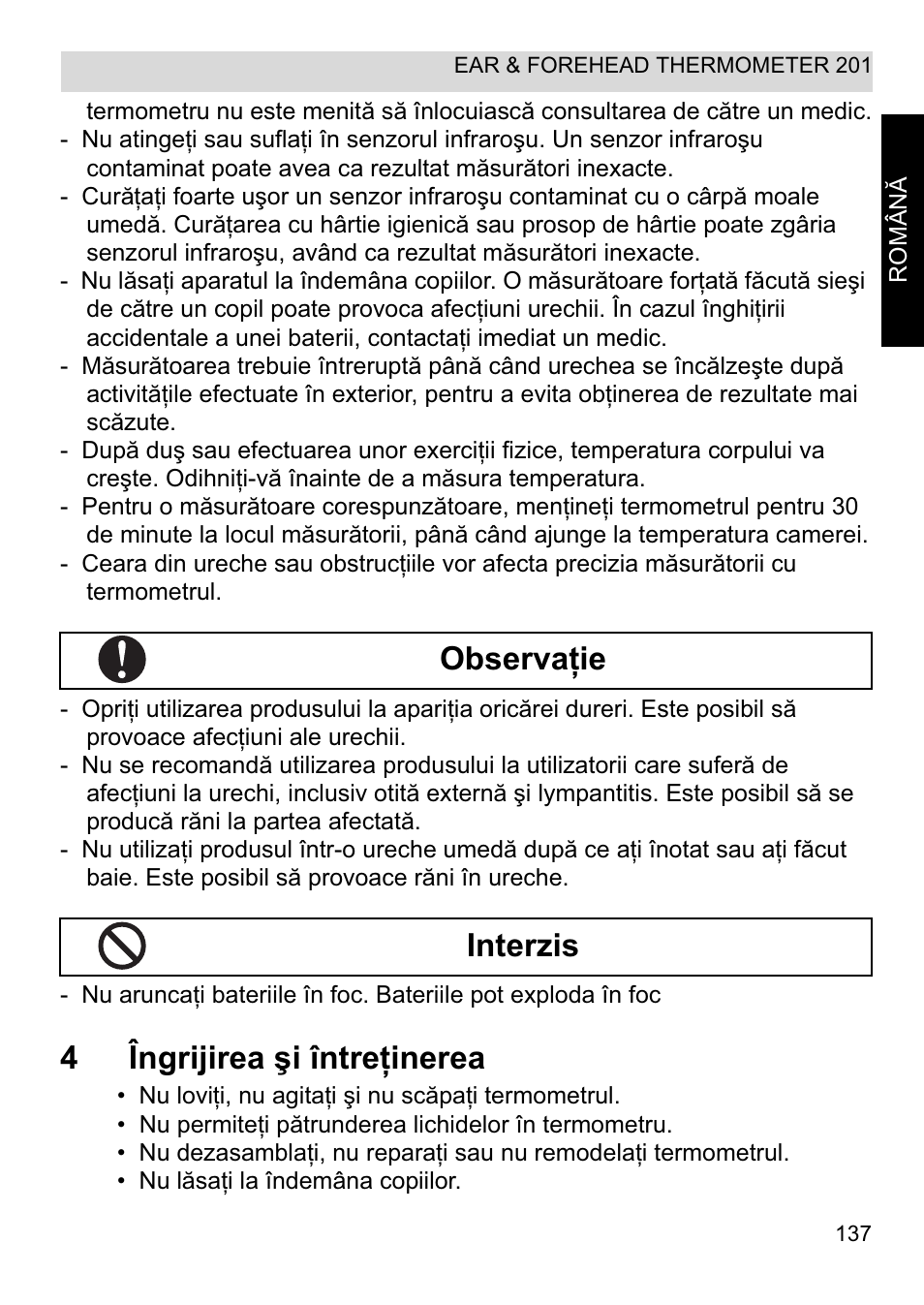 4îngrijirea úi întreġinerea, Observaġie interzis | Topcom CE0123 User Manual | Page 137 / 156