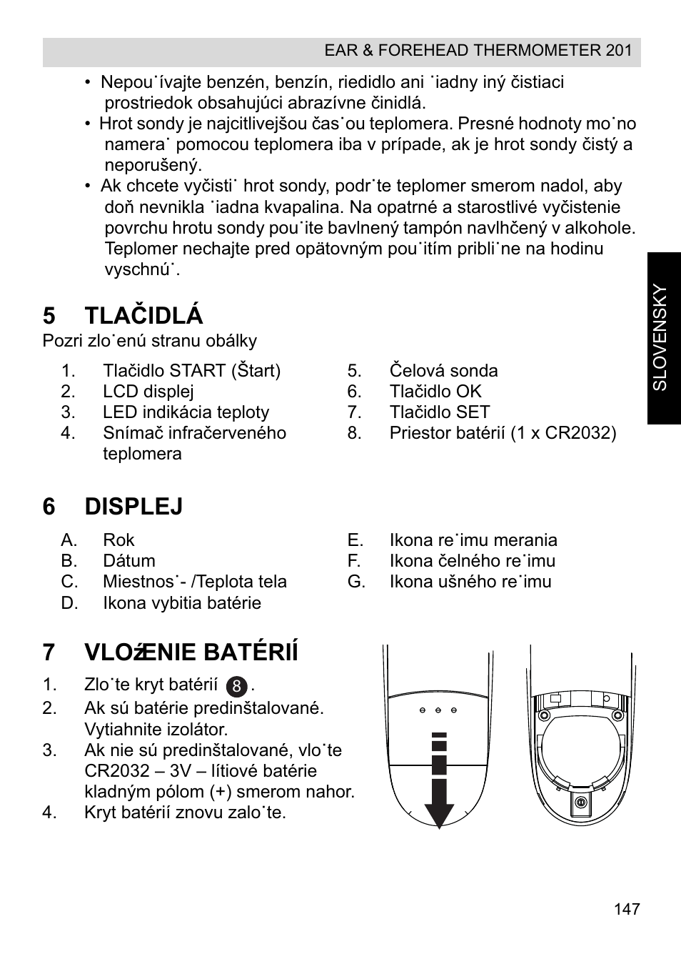 5tlaýidlá, 6displej 7 vloĩenie batérií | Topcom CE0123 User Manual | Page 147 / 156