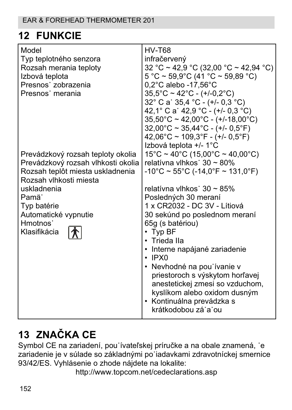 12 funkcie 13 znaýka ce | Topcom CE0123 User Manual | Page 152 / 156