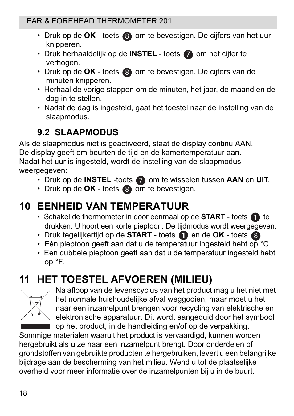 10 eenheid van temperatuur, 11 het toestel afvoeren (milieu) | Topcom CE0123 User Manual | Page 18 / 156