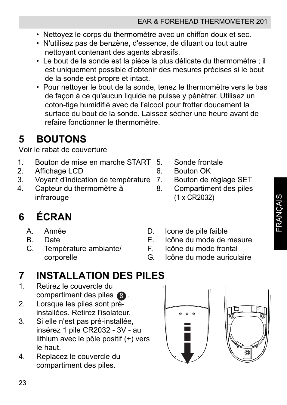 5boutons, 6écran 7 installation des piles | Topcom CE0123 User Manual | Page 23 / 156