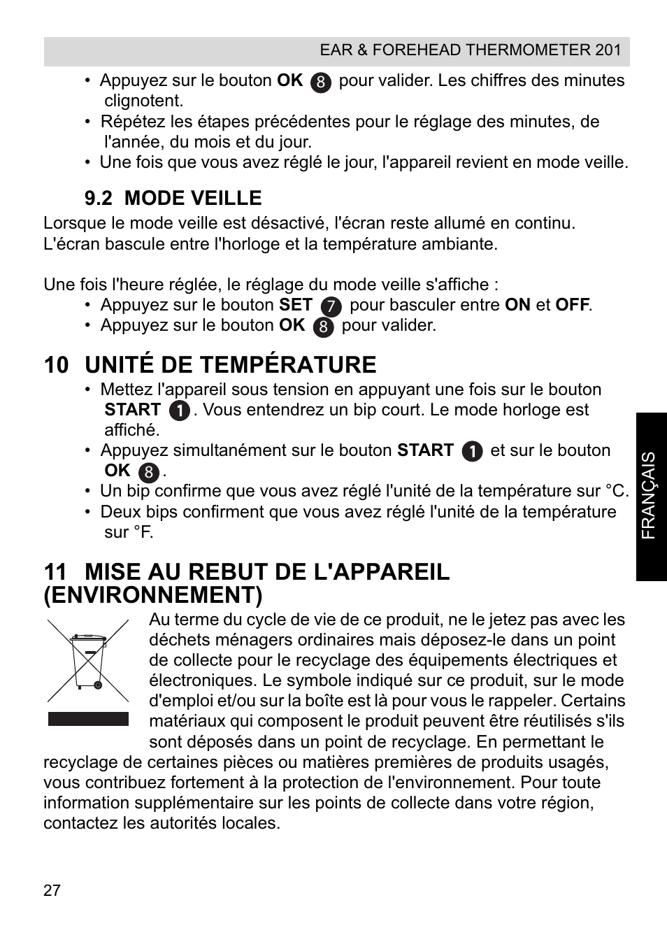10 unité de température, 11 mise au rebut de l'appareil (environnement) | Topcom CE0123 User Manual | Page 27 / 156