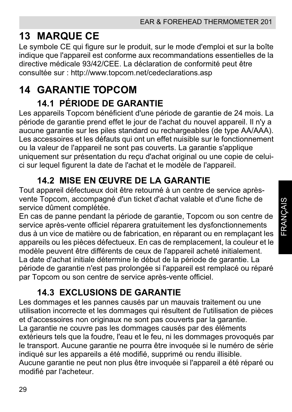 13 marque ce, 14 garantie topcom | Topcom CE0123 User Manual | Page 29 / 156