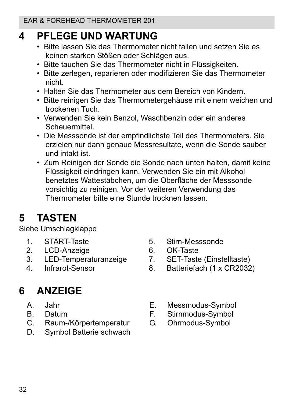 4pflege und wartung, 5tasten, 6anzeige | Topcom CE0123 User Manual | Page 32 / 156