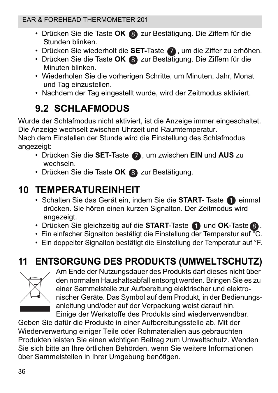 2 schlafmodus, 10 temperatureinheit, 11 entsorgung des produkts (umweltschutz) | Topcom CE0123 User Manual | Page 36 / 156