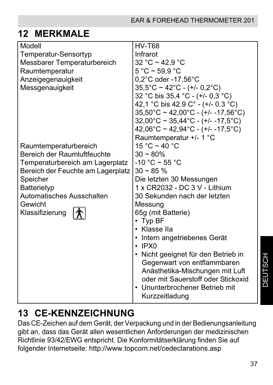 12 merkmale 13 ce-kennzeichnung | Topcom CE0123 User Manual | Page 37 / 156
