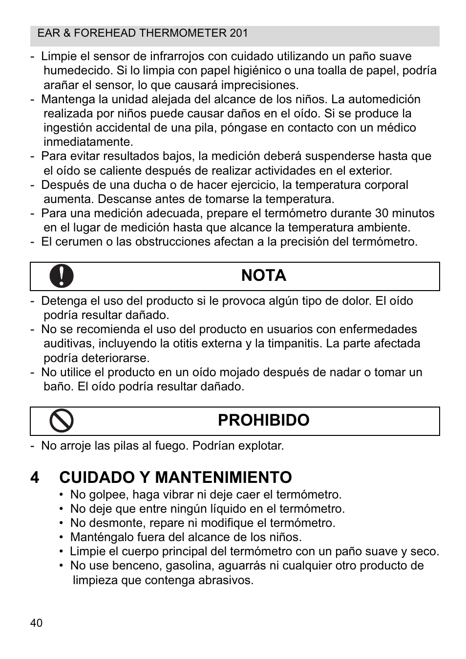 4cuidado y mantenimiento, Nota prohibido | Topcom CE0123 User Manual | Page 40 / 156