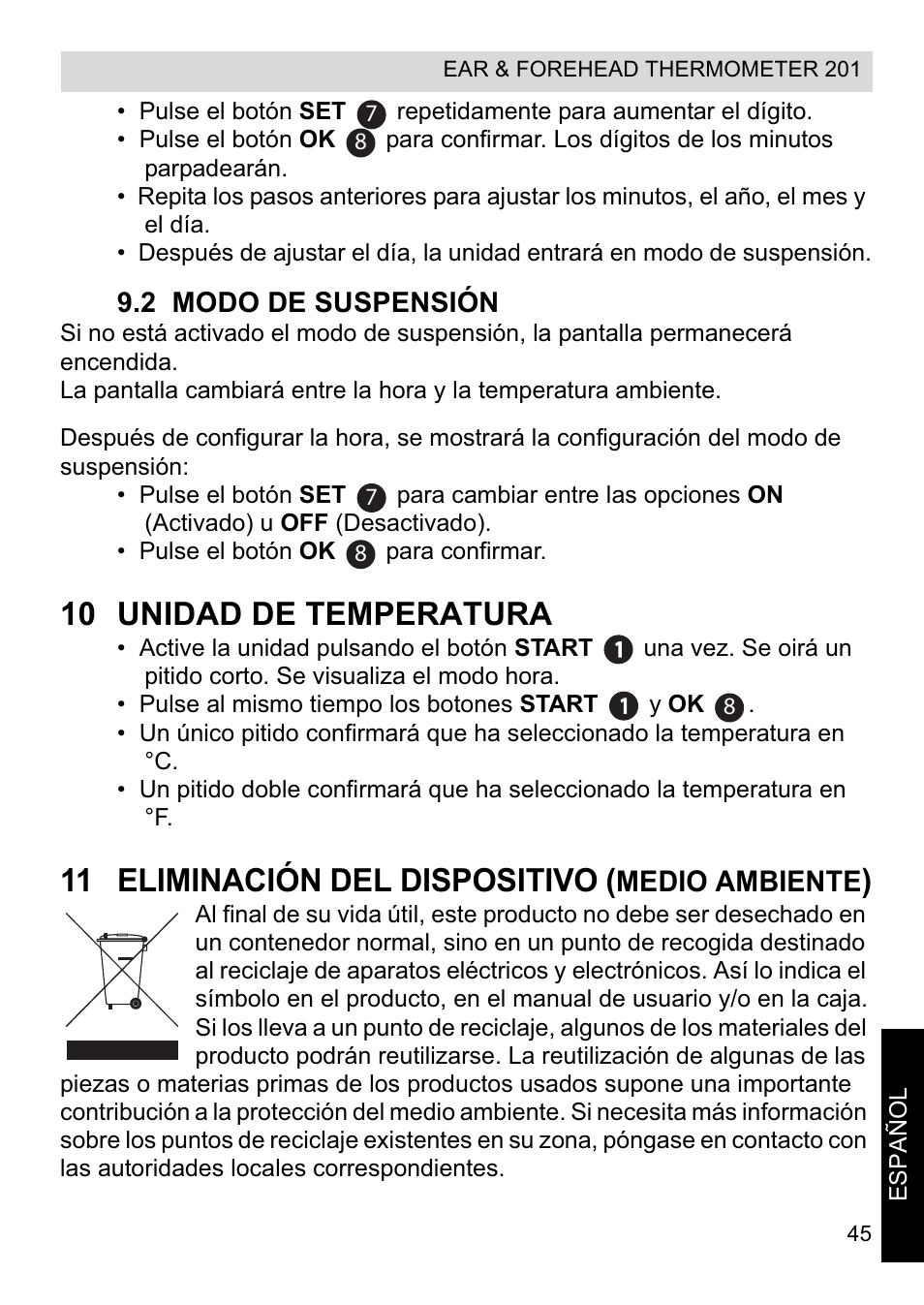 10 unidad de temperatura, 11 eliminación del dispositivo | Topcom CE0123 User Manual | Page 45 / 156