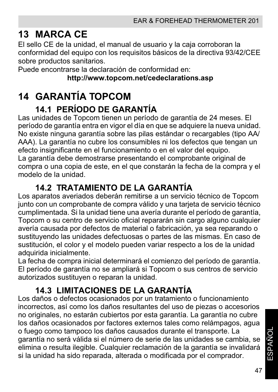 13 marca ce, 14 garantía topcom | Topcom CE0123 User Manual | Page 47 / 156