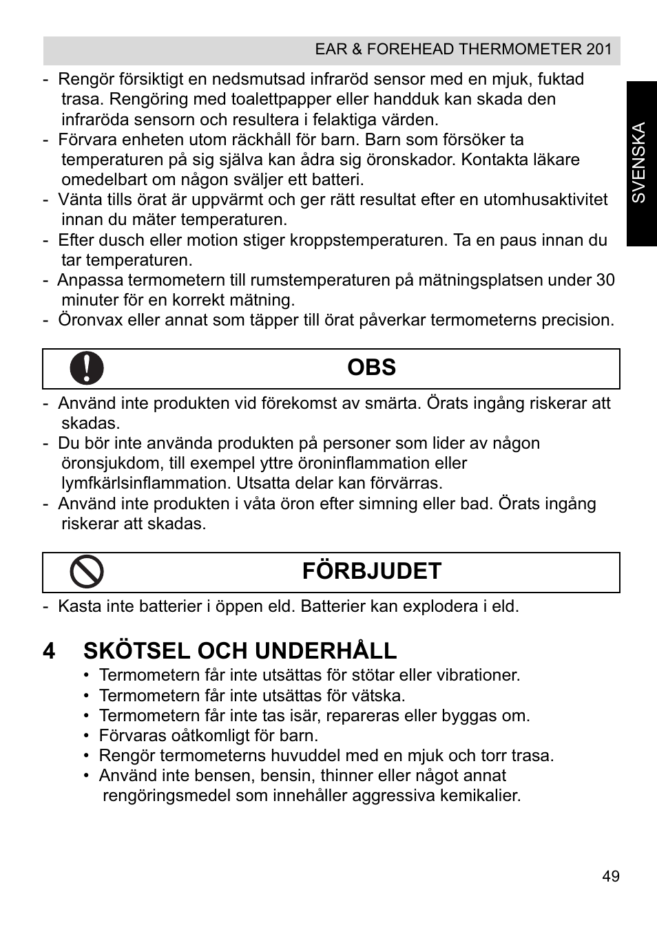 4skötsel och underhåll, Obs förbjudet | Topcom CE0123 User Manual | Page 49 / 156
