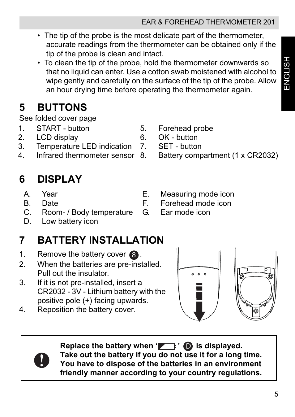 5buttons, 6display 7 battery installation | Topcom CE0123 User Manual | Page 5 / 156