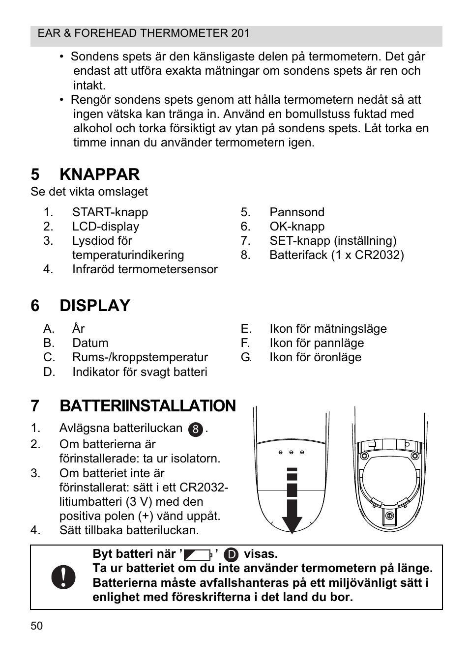 5knappar, 6display 7 batteriinstallation | Topcom CE0123 User Manual | Page 50 / 156