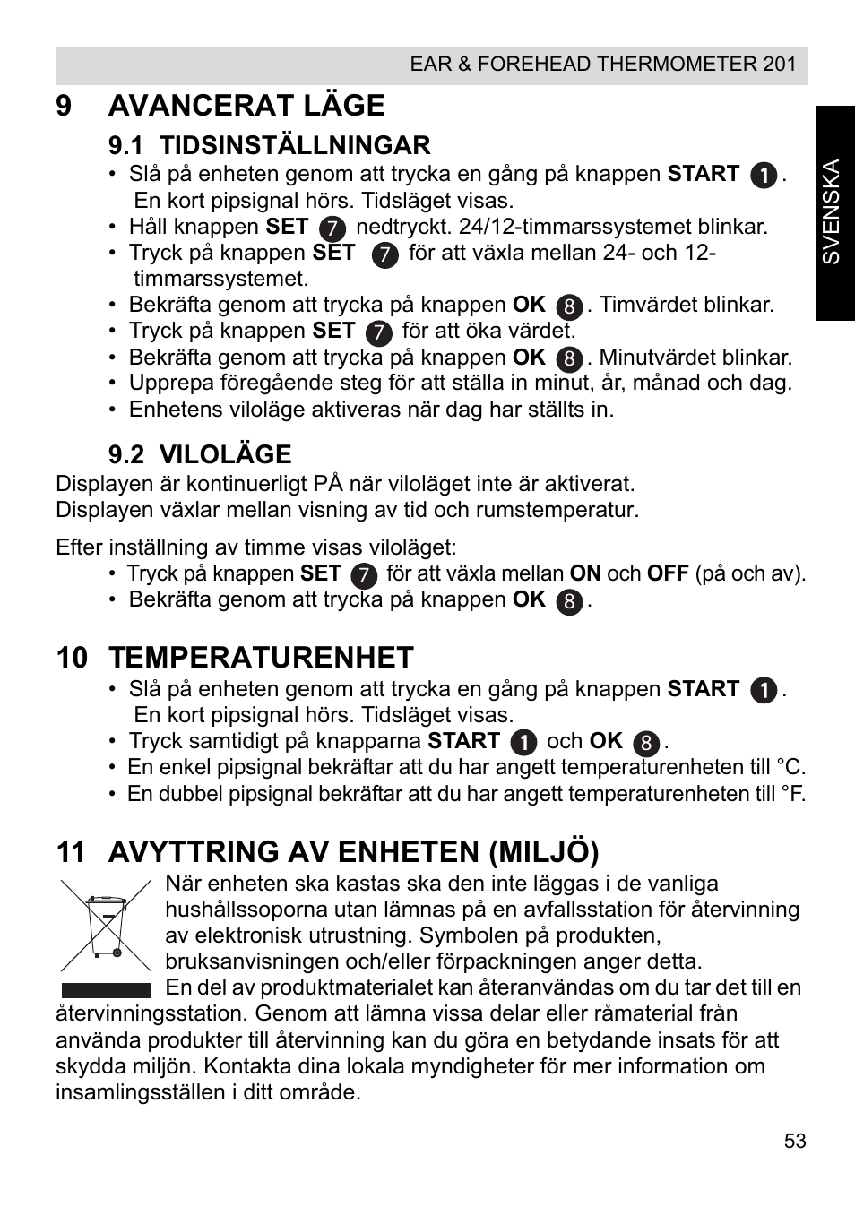 9avancerat läge, 10 temperaturenhet, 11 avyttring av enheten (miljö) | Topcom CE0123 User Manual | Page 53 / 156