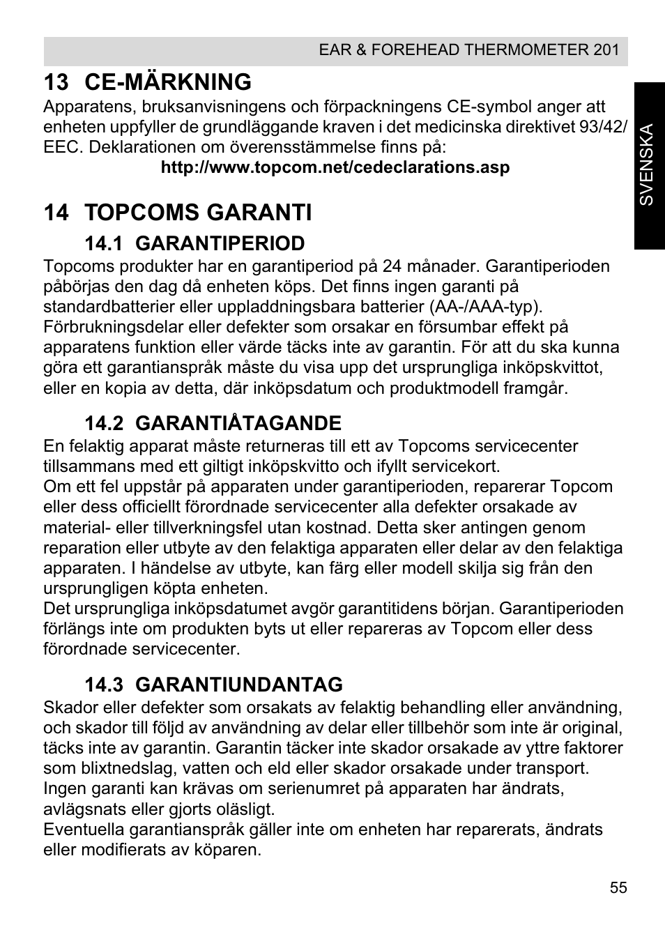 13 ce-märkning, 14 topcoms garanti | Topcom CE0123 User Manual | Page 55 / 156