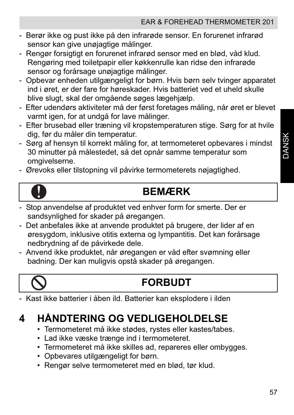 4håndtering og vedligeholdelse, Bemærk forbudt | Topcom CE0123 User Manual | Page 57 / 156
