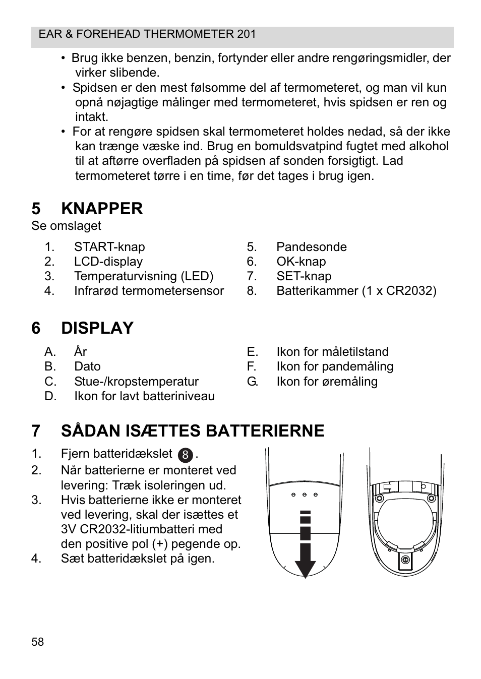 5knapper, 6display 7 sådan isættes batterierne | Topcom CE0123 User Manual | Page 58 / 156