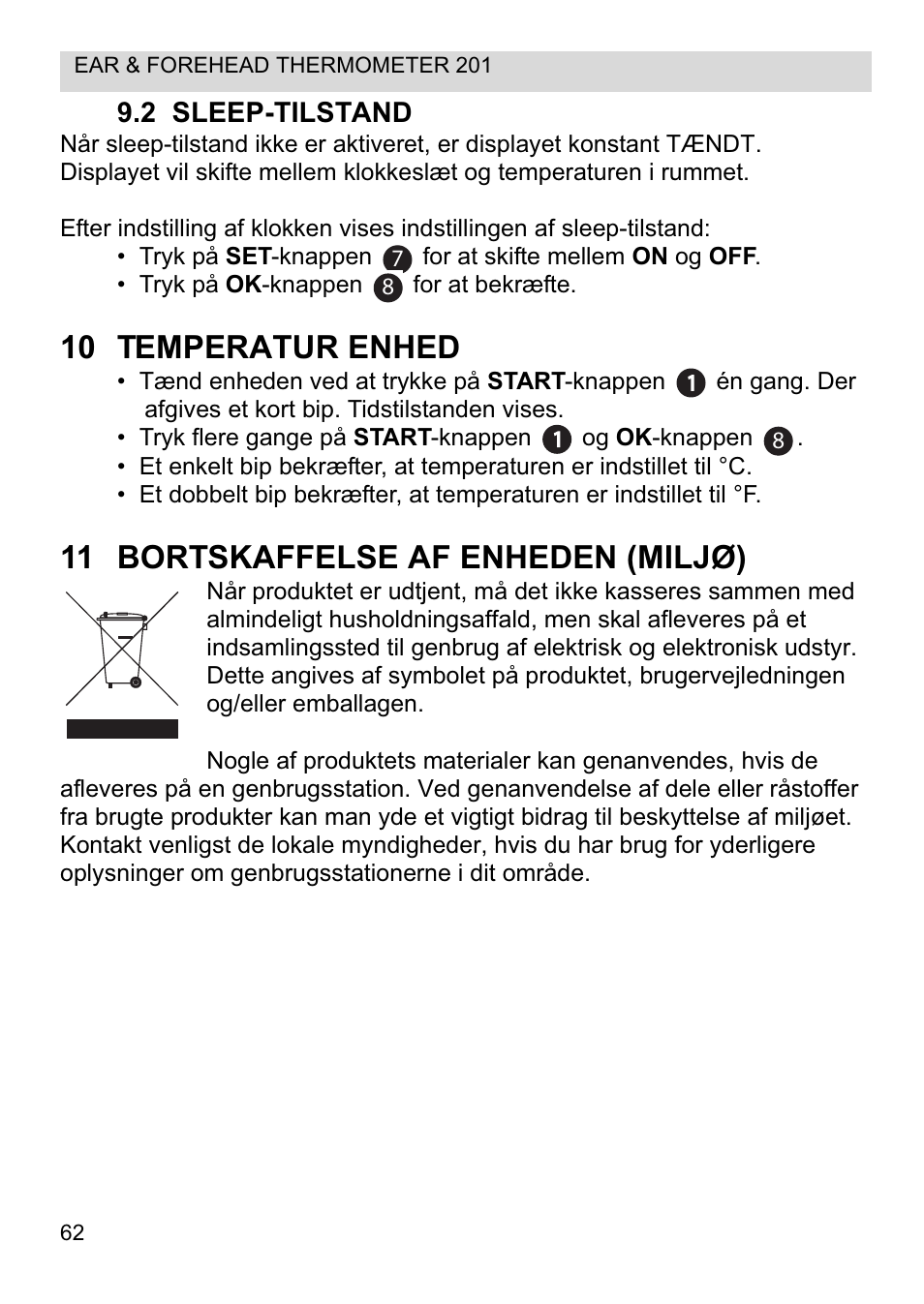 10 temperatur enhed, 11 bortskaffelse af enheden (miljø) | Topcom CE0123 User Manual | Page 62 / 156