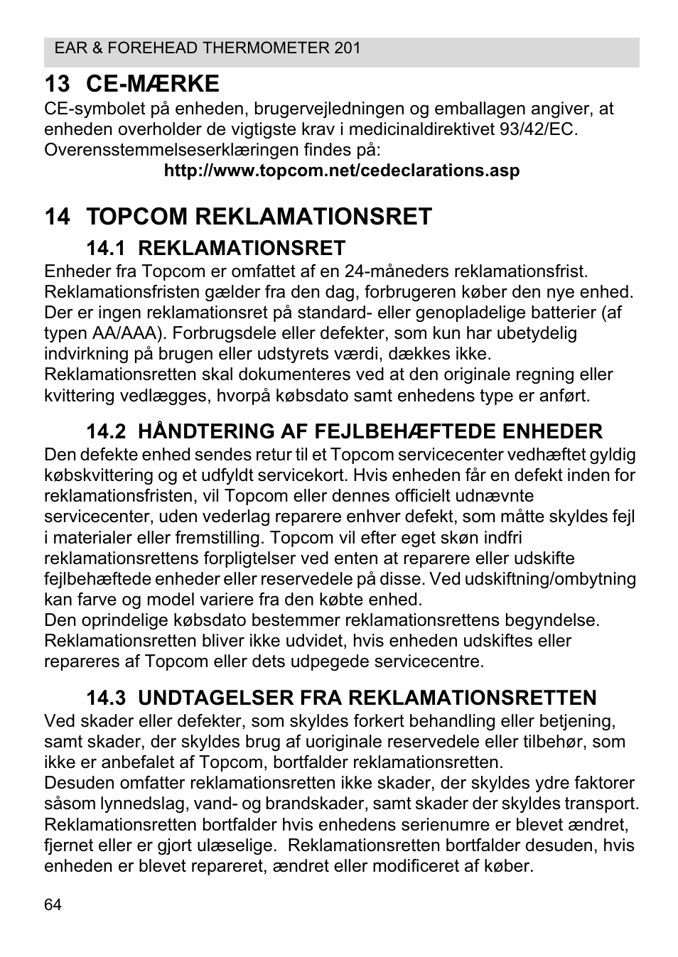 13 ce-mærke, 14 topcom reklamationsret | Topcom CE0123 User Manual | Page 64 / 156