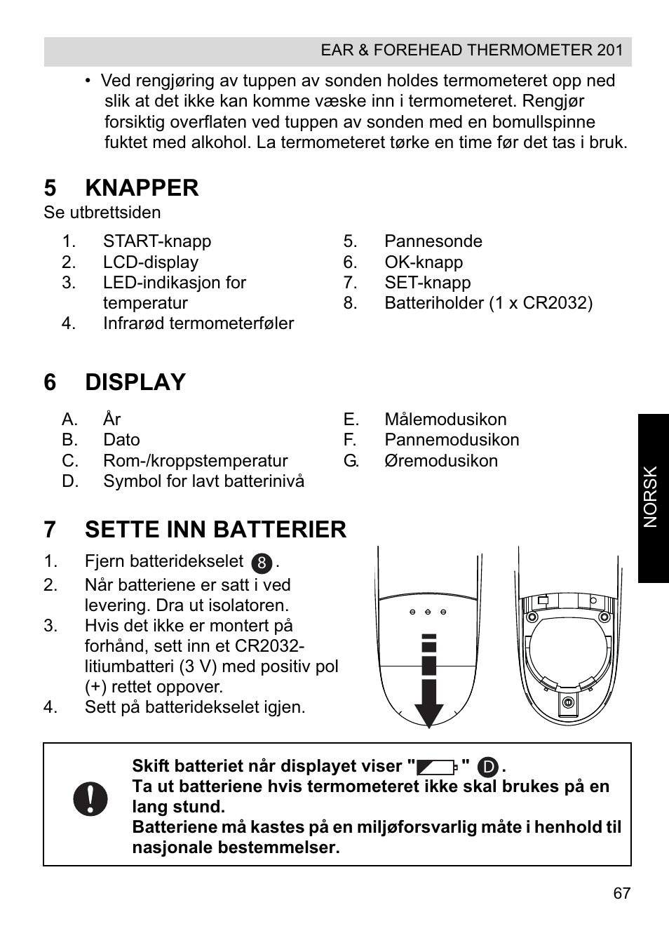 5knapper, 6display 7 sette inn batterier | Topcom CE0123 User Manual | Page 67 / 156