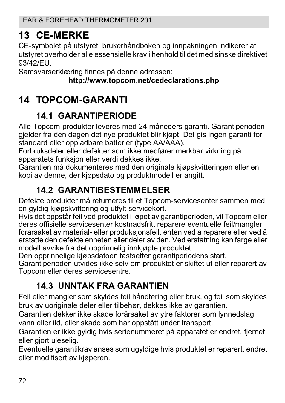 13 ce-merke, 14 topcom-garanti | Topcom CE0123 User Manual | Page 72 / 156