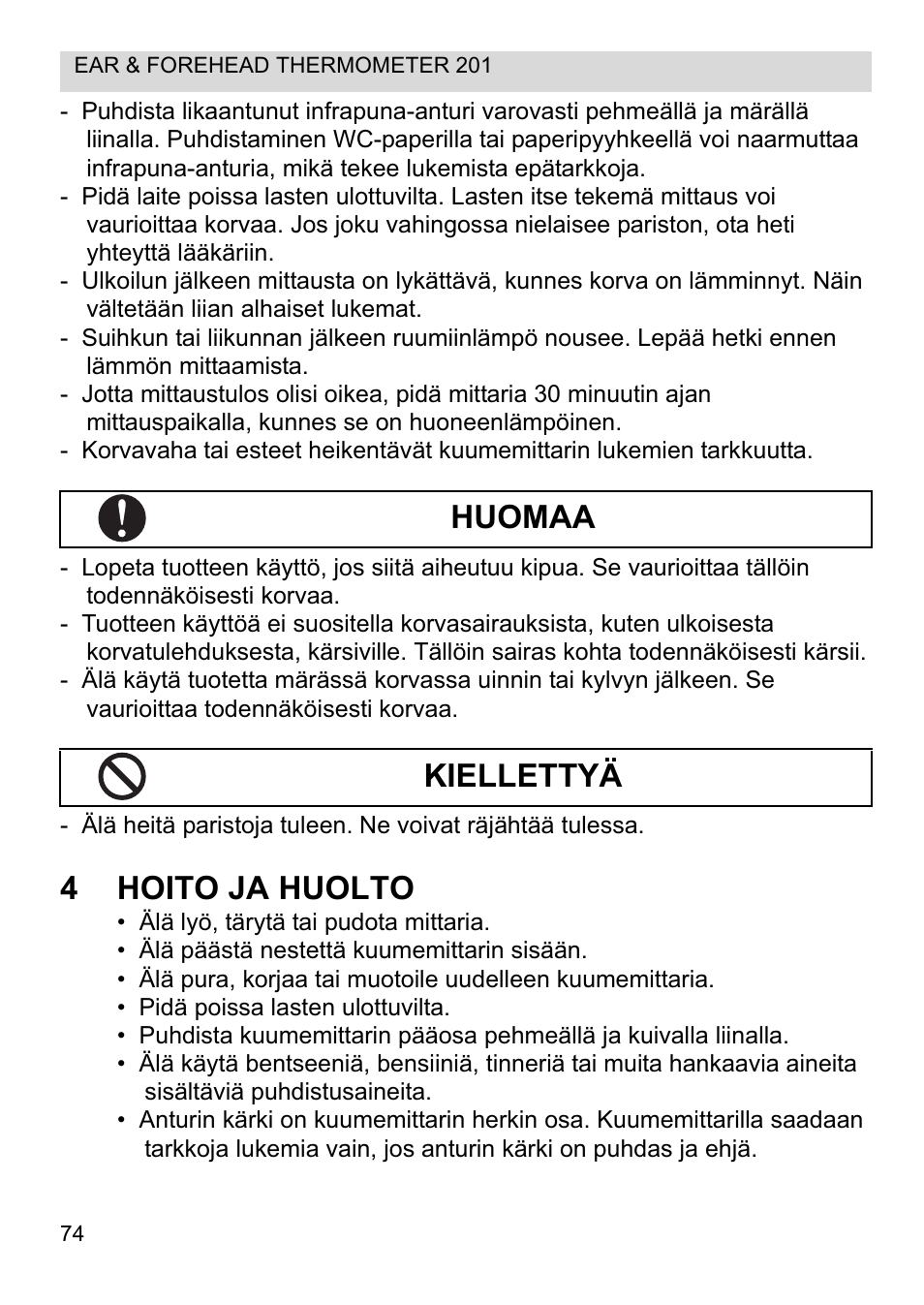 4hoito ja huolto, Huomaa kiellettyä | Topcom CE0123 User Manual | Page 74 / 156