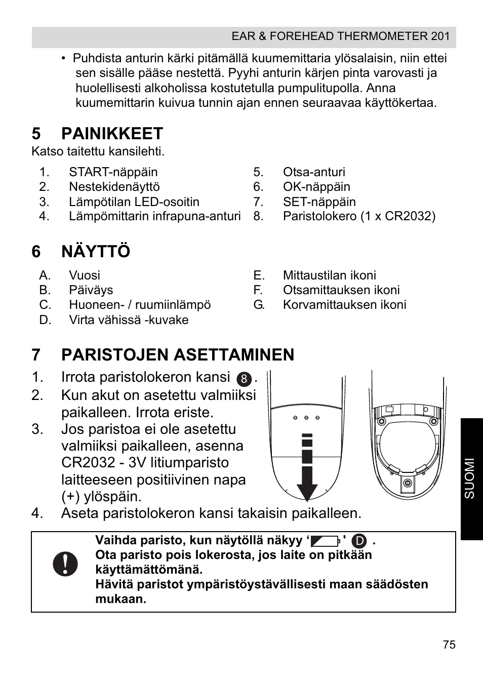 5painikkeet, 6näyttö 7 paristojen asettaminen | Topcom CE0123 User Manual | Page 75 / 156